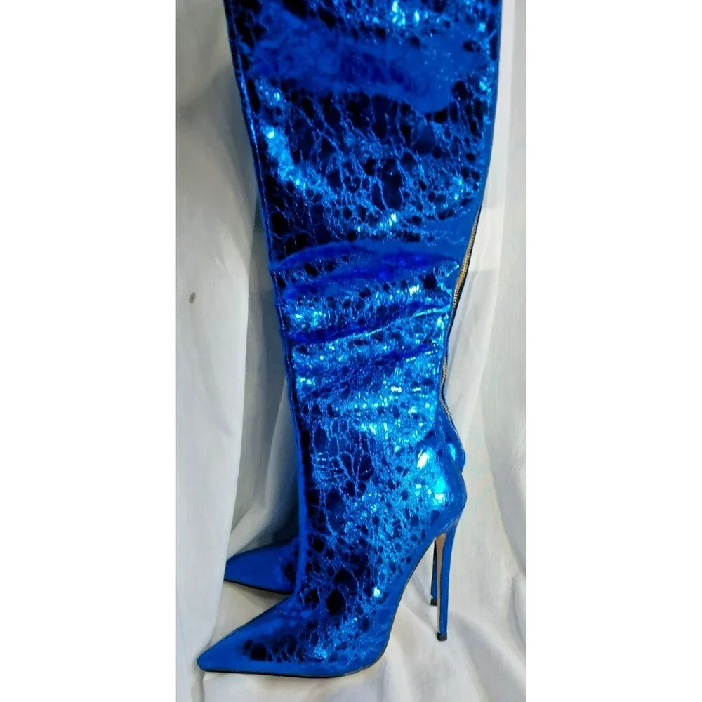 Metallic Blue Mirror Boots Over-the-knee High Heel Boots with Back Zipper 38 7.5